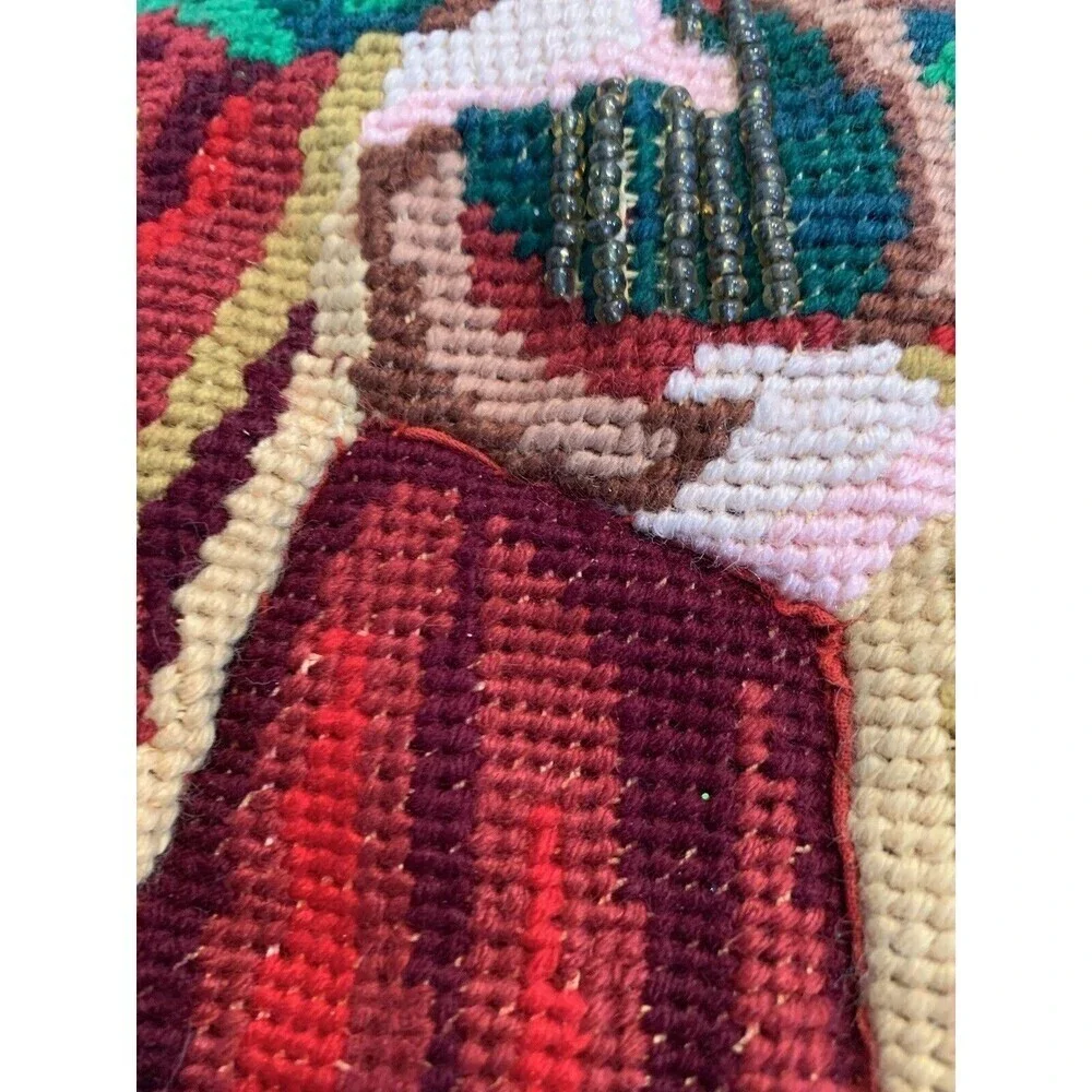 Vtg Needlepoint Christmas Stockings Red Velvet Angel Handmade Set 2 Christmas
